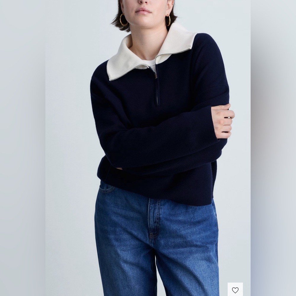 Mango Navy Blue and White Crew Neck Sweater